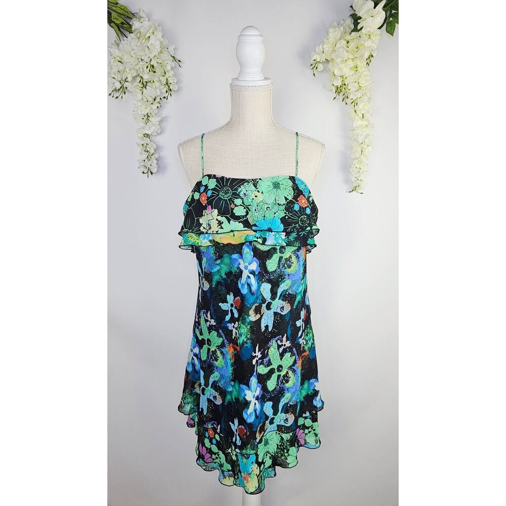 Thalia Sodi Dress Large Y2K Tropical Floral Ruffle Chiffon Fairycore Whimsigoth - Picture 3 of 14